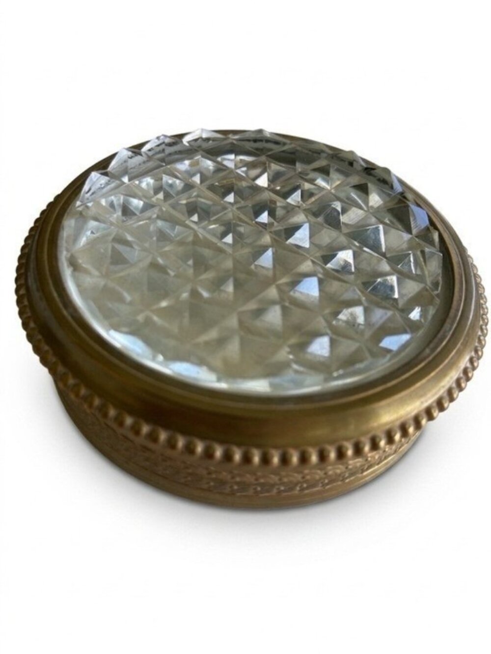 **Antique French Empire Crystal & Brass Vanity Box Diamond Cut Glass Trinket